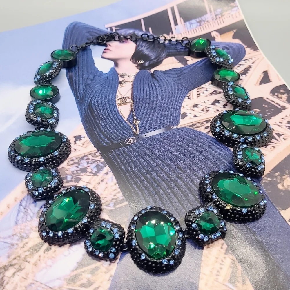 Vintage Estate Baroque Runway Green & Blue Austrian Crystal Statement Ne…